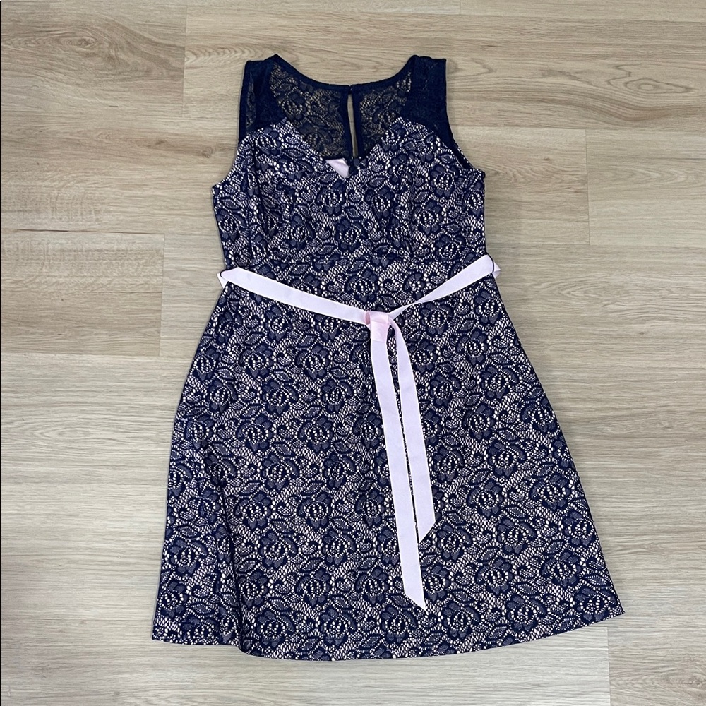 Motherhood Navy and Pink Lace Midi Dress